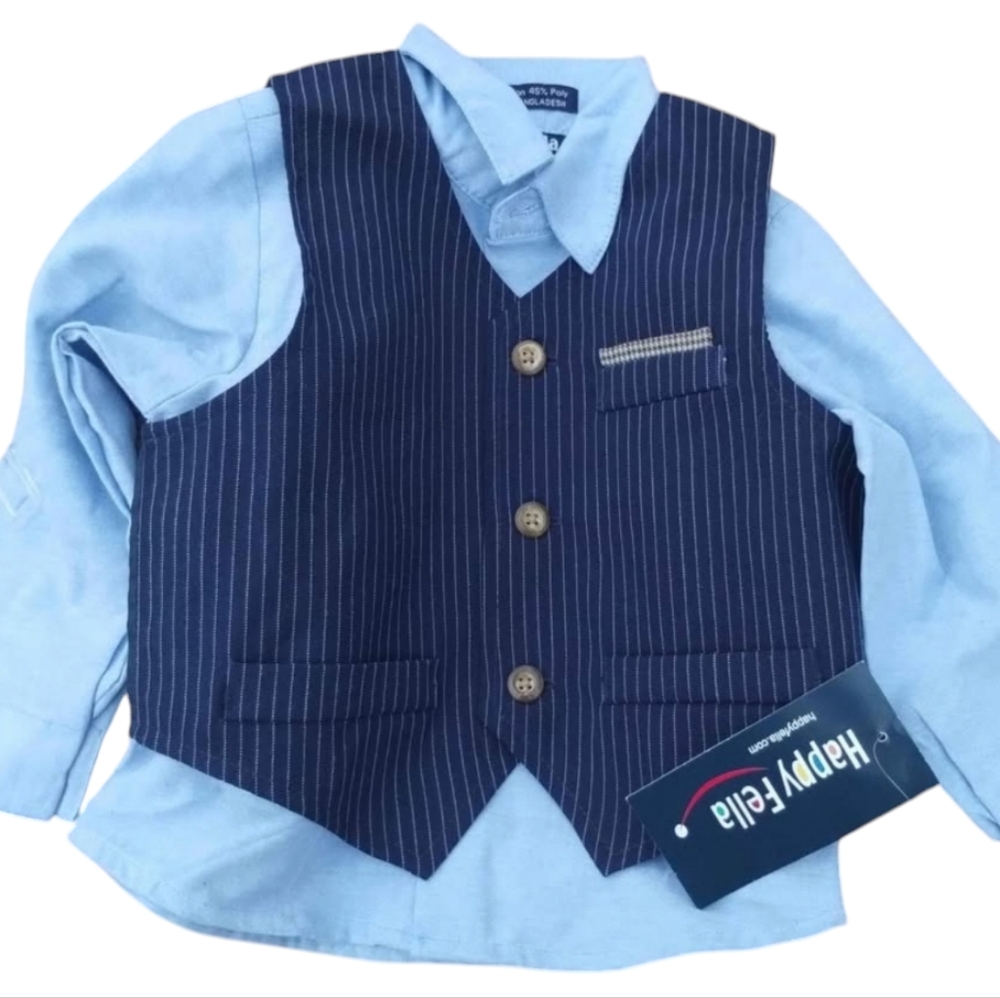 Happy Fella Boys 3T Blue shirt with Blue and White Pinstriped Vest NWT